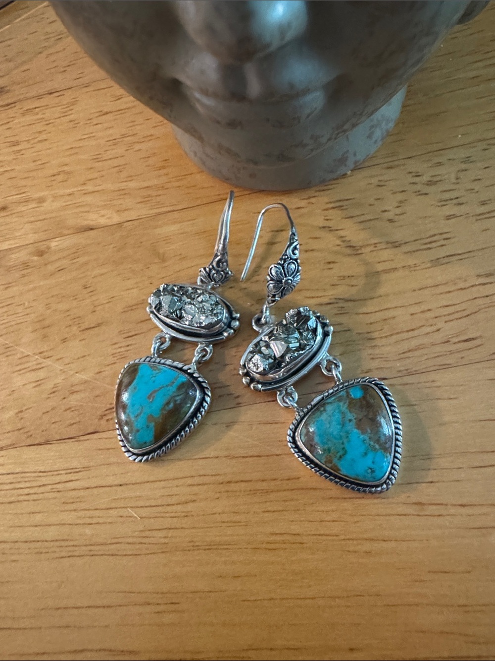 ANYO 925 Sterling Silver Turquoise Pyrite Dangle Earrings 20.13g